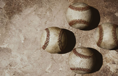 High angle view of old ball on wall