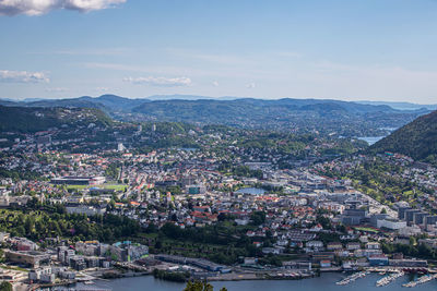 High angle shot of townscape against sky