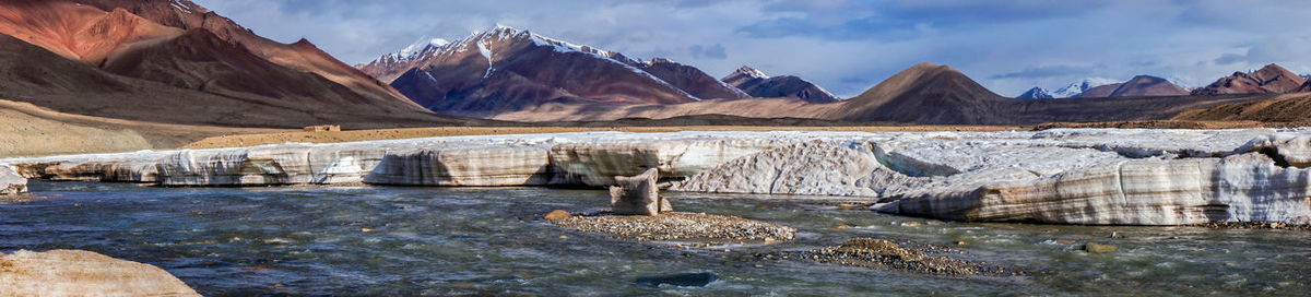 Panoramic view of lake and mountains against sky