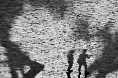 High angle view of people shadow on street