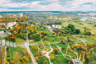 Aerial view of townscape against sky