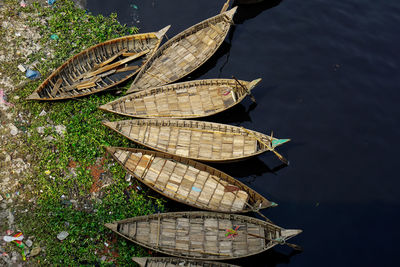 High angle view of moored traditional boats