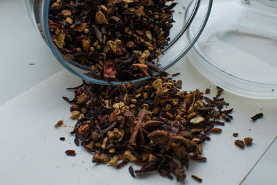 High angle view of dried food on table