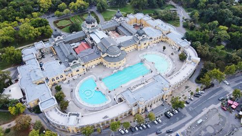 High angle view of swimming pool in city