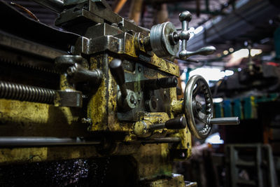 Close-up of machine part in train