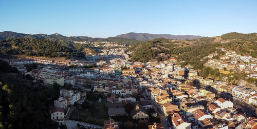 Aerial panoramic view of arenys de munt village in el maresme, barcelona, spain