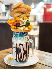 Close-up of burger on mason jar