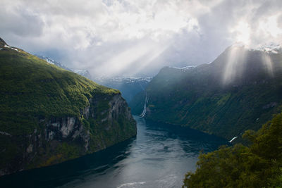 Scenic view of river amidst mountains against sky