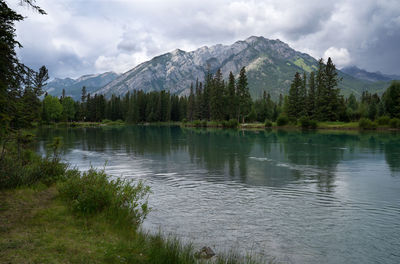 Scenic view of lake by mountains against sky