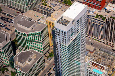 High angle view of modern buildings in city