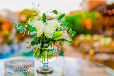 Close-up of flowers on table