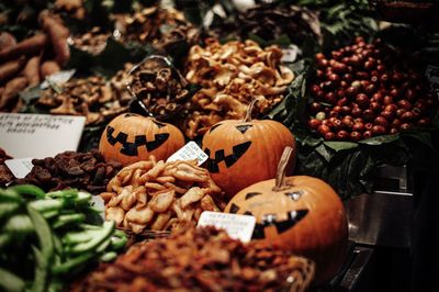 High angle view of pumpkins for sale in market