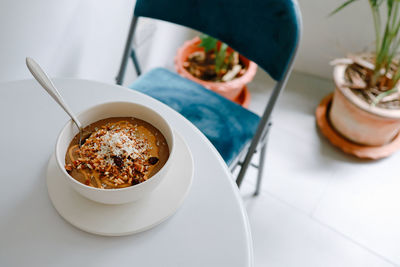 High angle view of meal served in bowl