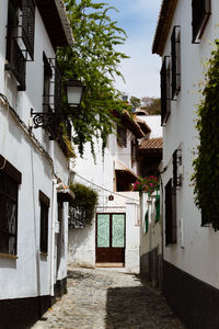 Narrow alley amidst houses and buildings in city