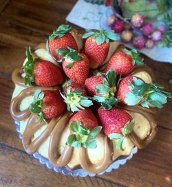 High angle view of strawberries on table