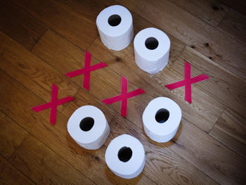 High angle view of coffee cups on table