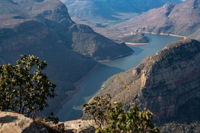 High angle view of lake and mountains