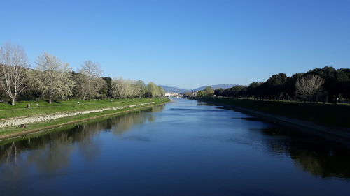 Scenic view of lake against clear blue sky