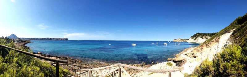 Panoramic view of bay against clear blue sky