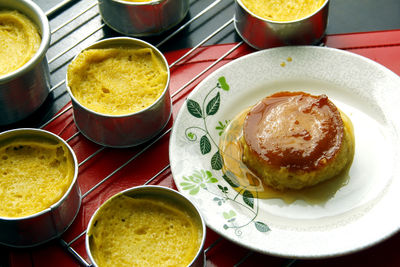 High angle view of breakfast served on table