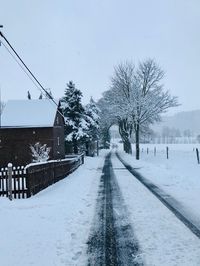 Snow covered houses by trees against sky