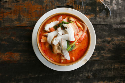 High angle view of soup in bowl on table