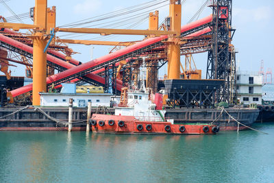 Commercial dock by river against sky