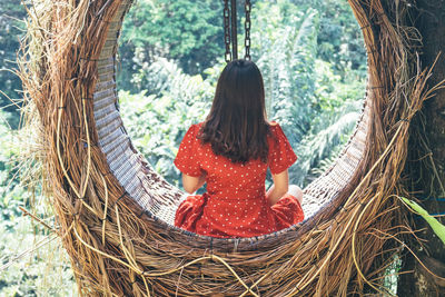 Rear view of woman in basket of tree