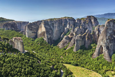 Panoramic view of meteora valley with monastery of rousanou, greece