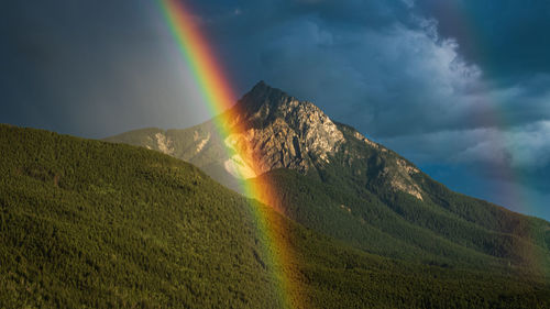 Scenic view of rainbow in front of mountains against sky