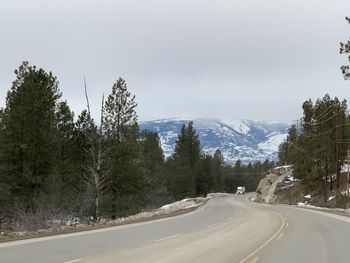 Road amidst trees against sky during winter