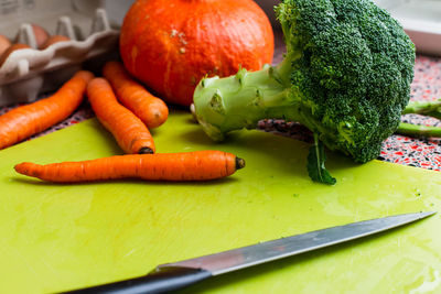 High angle view of vegetables on table