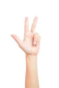 Close-up of human hand against white background