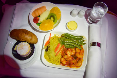 High angle view of meal served on table