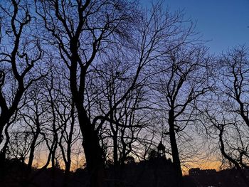 Low angle view of silhouette bare trees against sky