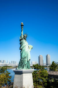 Low angle view of statue against clear blue sky