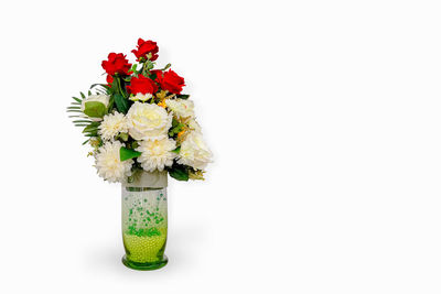 Close-up of red flower vase against white background