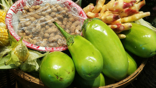 High angle view of fruits in basket for sale at market