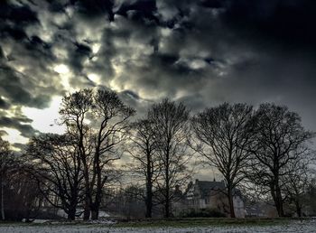 Bare trees on landscape against cloudy sky