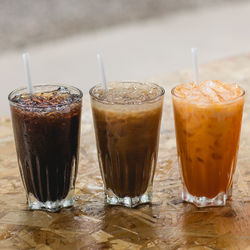 Close-up of iced drinks on table
