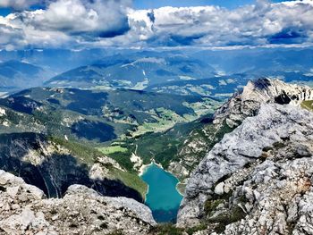 Aerial view of landscape and mountains against sky