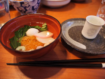 High angle view of breakfast served on table