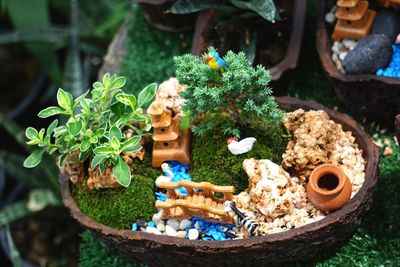 High angle view of figurine sculpture