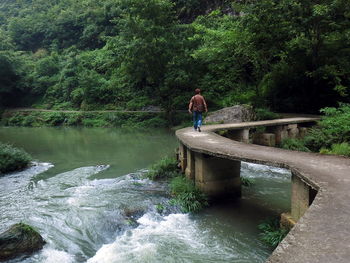 Rear view of man walking on overpass over river