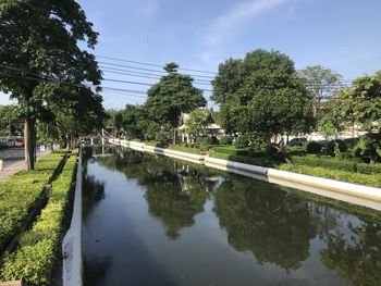 Canal amidst trees against sky in city