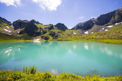 Alpine mountain lake landscape and view, blue beautiful and amazing lake panorama, wide angle