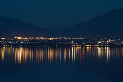 Reflection of illuminated buildings in lake at night