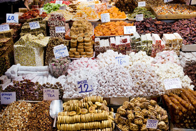 Food with price tags for sale in market