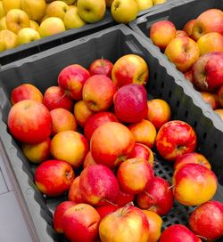 High angle view of apples in crate