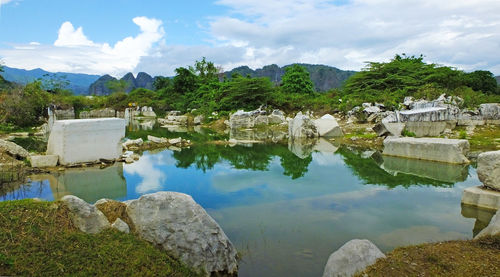 Scenic view of lake and mountains against sky